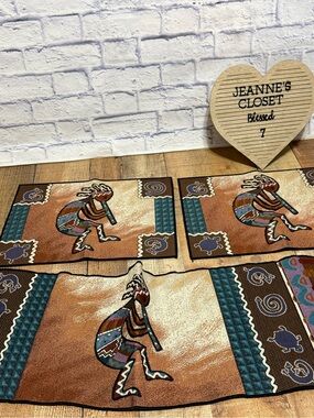 Southwestern Kokopelli Woven Tapestry Table Runner and 2 Placemats Set Brown